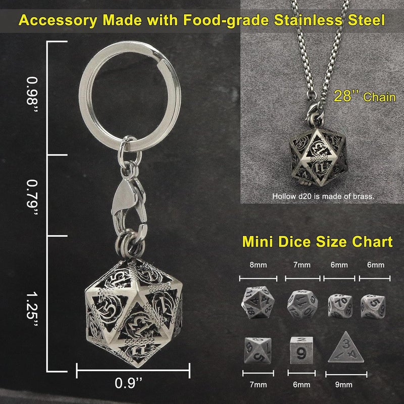 Haxtec Mini Metal D&D Dice Set with Hollow Necklace Case - 7PCS Keychain Portable - Image 5